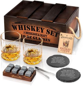 Zulay Kitchen Whiskey Gift Set - Whiskey Glass Set with Rustic Wooden Crate, 8 Granite Whiskey Rocks Chilling Stones