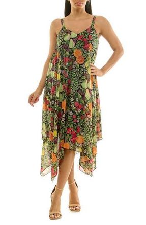Nina Leonard Patterned Handkerchief Hem Dress in Black/green Multi at Nordstrom Rack, Size X-Large