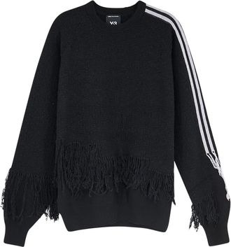 Yohji Yamamoto Gebreide trui met franjes en 3 strepen - Heren - Ronde hals truien - Zwart - S - Katoen - Truien & Vesten