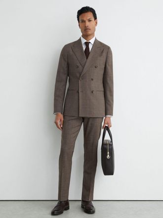 Reiss Chocolate Brown Wool-blend Check Classic-fit Suit Trousers, 34