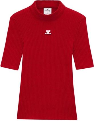 Courr&egrave;ges Rode Gebreide Trui met Logo - Dames - Coltruien - Rood - M - Truien & Vesten
