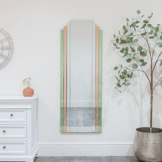 Melody Maison Large Frameless Pink & Green Glass Art Deco Wall Mirror 52cm X 142cm | Size: 52 cm X 142 cm