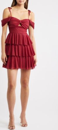 Emerald Sundae Glitter Layered Ruffle Tie Strap Minidress in Wine at Nordstrom, Size X-Small