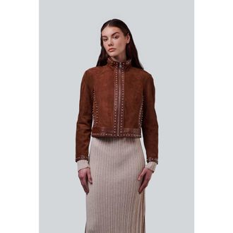 FURNIQ Harper Suede Studded Jacket in Brown at Nordstrom, Size X-Small