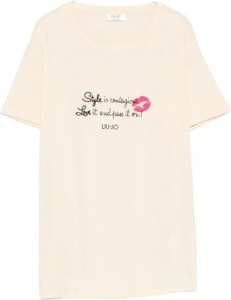 Liu Jo T-shirt met Kristallen - Dames - T-shirts - Beige - M - Katoen - Tops