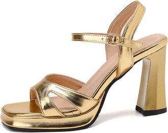 Generic Womens Block Heel Platform Dress Pumps Square Open Toe Slingback Party Prom Sandals Patent Leather Wedding Bridal Shoes,Gold,8.5 UK