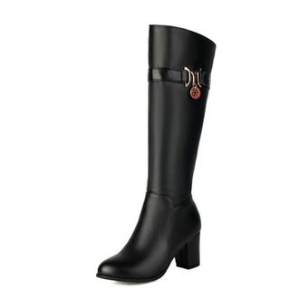 Generic Womens Round Toe Knee High Boots PU Leather Knight Long Boot with Side Zipper Mid Block Heel Retro Tall Boot,Black,4.5 UK