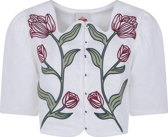 Farm Rio Flower Crop Top Korte Mouw - Dames - Blouses - Wit - M - Overhemden