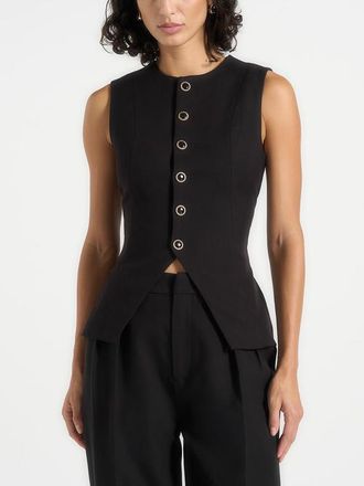 Mani&egrave;re De Voir Maisie Tailored Crew Neck Cinch Waistcoat in Black at Nordstrom, Size 12