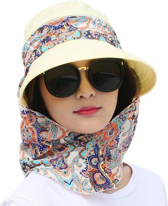 Generic Women 2-in-1 Roll Up Wide Brim Sun Hat & Neck Protection Scarf Detachable Sun Visor Cap Summer Outdoor Sun Protection Hat (Yellow)