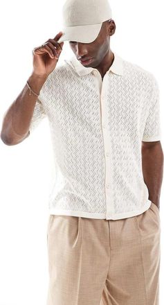Jack & Jones button through shirt in knit crochet in cream-White