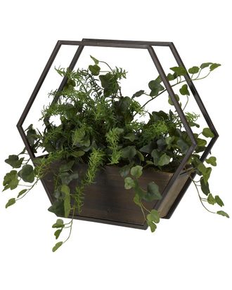 D&W Silks Cottage Ivy & Rosemary Spray In Metal Wood Hexagon Wall Sconce