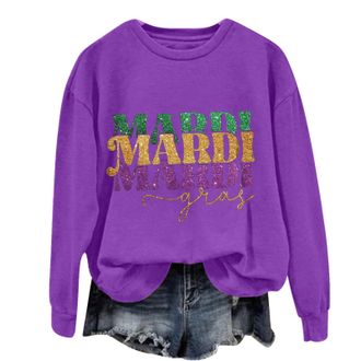 Generic Mardi Gras Sweatshirt for Women Mardi Gras Letter Printed Funny Pullover Round Neck Costume Carnival Party Shirts Top Plus Size Party Night Elegant Ho