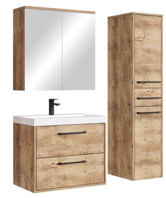 Badplaats Badplaats Set Mobili Bagno Florence 60 Cm - Rovere Castagno - Mobile Sospeso Con Lavabo, Specchio Contenitore E Pensile