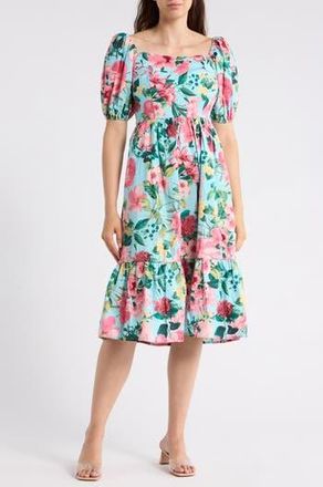Eliza J Puff Sleeve Flounce Midi Dress in Aqua Multi at Nordstrom Rack, Size 16