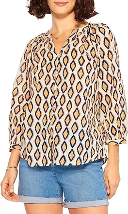 Nic+Zoe NIC+ZOE Falling Diamonds Top Womens Orange Diamond Print Split Neck FROG477