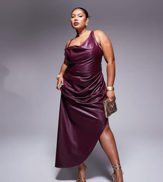 Asos Curve ASOS DESIGN Curve draped one shoulder PU cami wrap midi dress in burgundy-Red