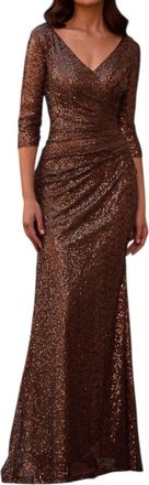 La Femme Sequin Ruched Gown In Bronze