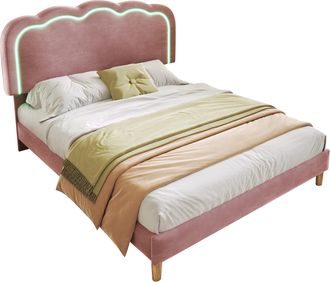 STILVORA Cama Para Adultos 140 X 200 Cm De Terciopelo, Cama Doble Con Cabecero Ajustable, Cabecero Tapizado Y Led, Sin Colch&oacute;n, Rosa
