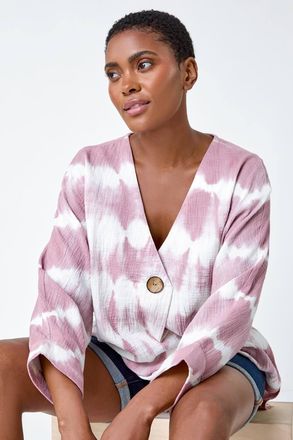 Roman Cotton Tie Dye Button Detail V-Neck Top