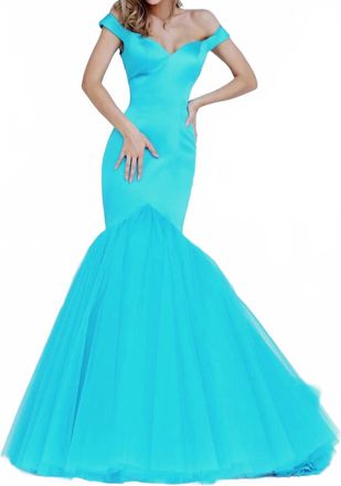 Sherri Hill Off Shoulder Mermaid Gown In Turquoise