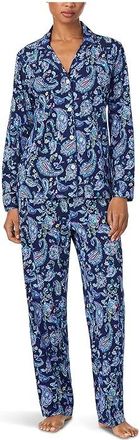 Lauren Ralph Lauren Long Sleeve Notch Collar Knit PJ Set Womens Pajama Sets Blue Paisley : LG (US 12-14), Cotton/Viscose