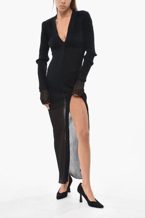 The Attico Fitted Ribbed Dress With V-Neck And Side Slit The Attico