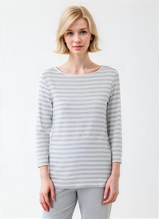 Majestic Filatures Soft Touch Striped 3/4 Sleeve Boatneck T-Shirt in Gris Chine Clair at Nordstrom, Size 1