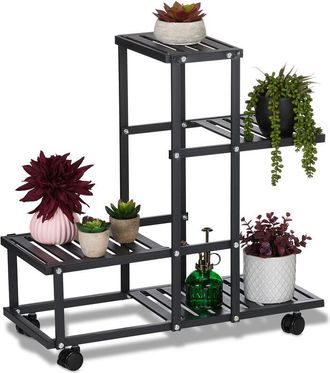 Relaxdays Relaxdays - Flower Stand on Wheels, HxWxD: 60.5 x 61.5 x 26 cm, Metal, 4 Tiered Shelves, Indoor Plant Pot Display, Black
