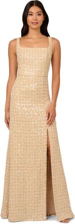 Adrianna Papell Womens Square Neck Boucle Gown - Metallic - Size 6 UK