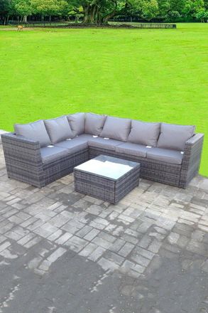 Fimous Rattan Corner Sofa Set Square Coffee Table 6 Seater With Seat & Back Cushion in Dark Grey