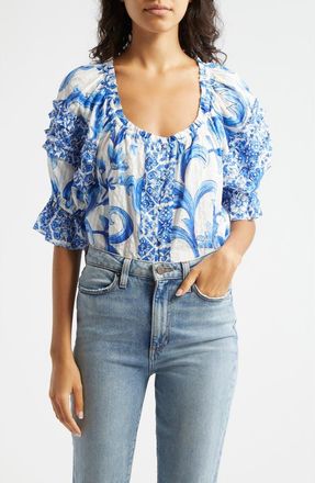 Ramy Brook Lula Print Off the Shoulder Top in Spring Navy Positano at Nordstrom Rack, Size X-Small