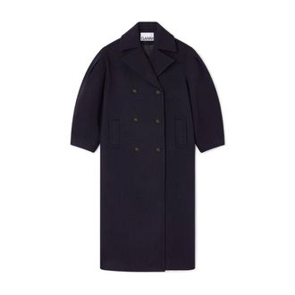 Ganni Double-Breasted Coats, female, Blue, Size: S Peacoat Wool Long Coat