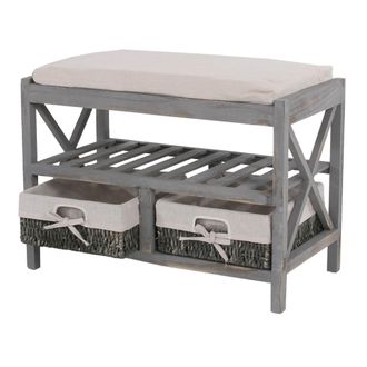 Hhg Hhg - Non Utilizzato] Panca Cassettiera Shabby Vintage Con 2 Ceste E Ripiano 352 Legno Di Paulonia Grigio