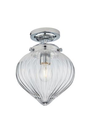 Netlighting Cheston Semi Flush Ceiling Light Chrome Clear Ribbed Glass Globe Shade IP44 in Grey