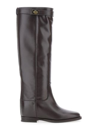 Via Roma 15 Dark Brown Boots With Padlock Detail And Low Block Heel In Leather Woman