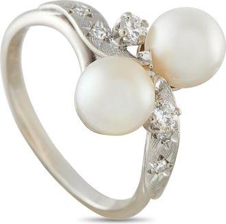 Luxury Bazaar Vintage 18K White Gold 0.16ct Diamond and Pearl Bypass Ring MF04-062625