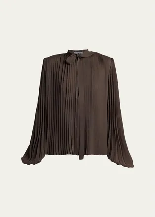 Tom Ford Pleated Balloon-Sleeve Neck-Scarf Blouse