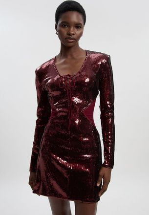 Karen Millen Womens Sequin Power Mesh Lace Up Mini Dress - Burgundy - Size Medium