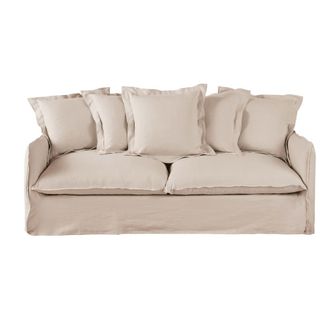 Maisons du monde Sof&aacute; cama de 3/4 plazas de lino arrugado beige, colch&oacute;n 6 cm