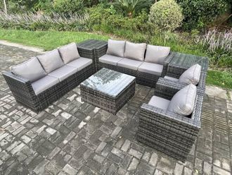 Fimous 8 Seater Rattan Garden Furniture Sofa Set with 2 Armchairs Square Coffee Table 2 Side Tables Indoor Side Table in Dark Grey