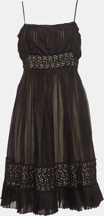 Sportmax Black Lace Trim Silk Pleated Midi Empire Dress