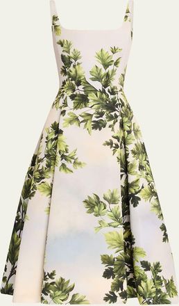 Oscar De La Renta Sleeveless Foliage-Print Faille Square-Neck Midi Dress