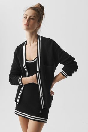 Alo | Tennis Club Sweater Knit Cardigan Top in Black/Ivory, Size: Medium