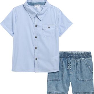 Splendid Kids Beach Short Sleeve Button-Up Shirt & Chambray Shorts Set in Navy Stripe at Nordstrom, Size 3T