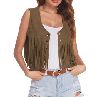 Generic Womens Cardigan Lightweight Fringe Solid Sleeveless Waistcoat Vest Faux Suede Open Front Vintage Vest 7s Hippie Clothes Boho Western Jacket Kimono Out