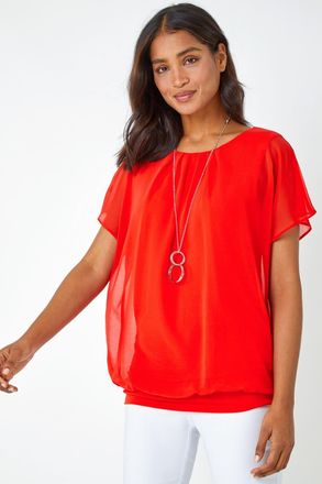 Roman Chiffon Jersey Blouson Top with Necklace