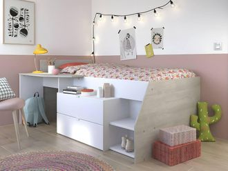 Vente-Unique Bed With Desk & Storage - 90 X 200 Cm - White & Natural + Bed Base in Light Oak | Size: Single
