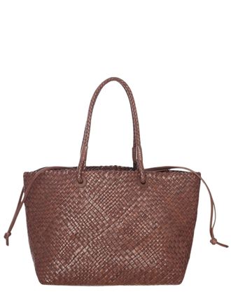 Ibeliv Brown Woven Leather Tote Bag with Drawstring Accents