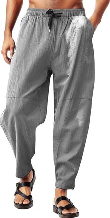 Generic Mens Linen Trousers Casual Smart Men Hippie Trousers Summer Beach Pants with Pockets Cotton Linen Trouser Solid Drawstring Trousers Loose Fit Summer B
